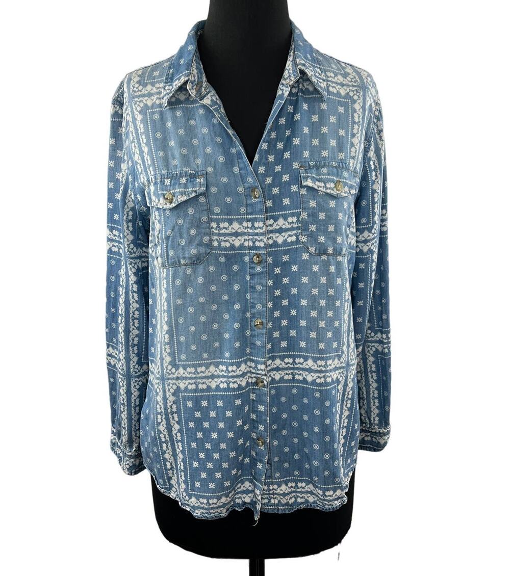Thread + Supply Blue White M Button Up Shirt Aztec Bandana Chambray Long Sleeves